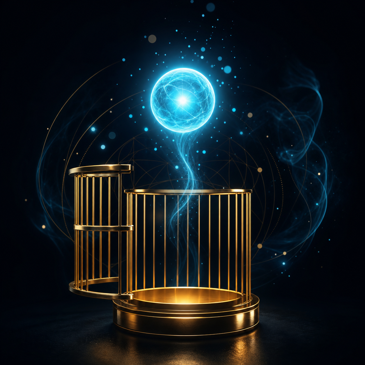 Icona 3D minimalista di una gabbia dorata aperta con una sfera di luce ciano (#4CC9F0) che fluttua verso l'alto, su sfondo nero notte (#050C16). Bagliori puntiformi (bokeh) attorno alla sfera. Nessun libro visibile.