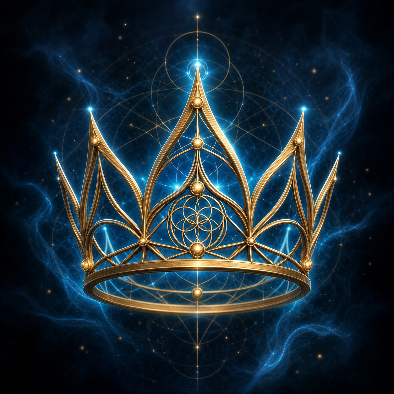 Icona 3D di una corona stilizzata in oro antico (#C5A059) composta da linee geometriche sacre, circondata da un sottile bagliore blu. Sfondo scuro con texture nebulosa. Nessun libro visibile.