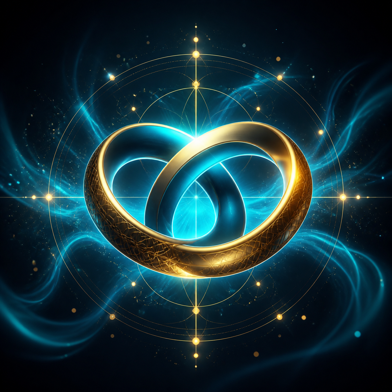 Icona minimalista di due anelli intrecciati (stile nodo infinito) illuminati da luce ciano ed elementi dorati, sospesi in un campo di energia radiale scuro (#1E2A38). Nessun libro visibile.