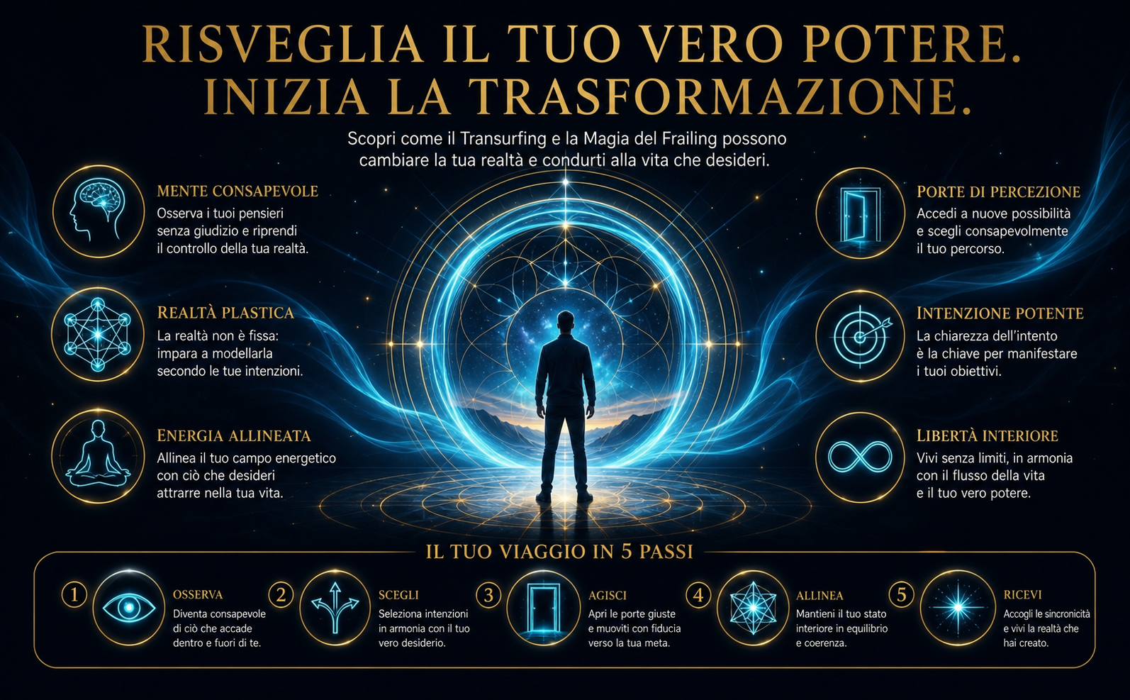 Scena ispirazionale e magnetica. Sfondo nero notte (#050C16) con un portale geometrico luminoso in ciano elettrico (#4CC9F0) che si apre su un orizzonte stellato. Scie di luce fluida a effetto seta attraversano l'immagine. Al centro in alto, testo maestoso in oro antico (#C5A059) (font Serif): "Risveglia il Tuo Vero Potere. Inizia la Trasformazione.". Design pulito, autorevole e misterioso. Nessun libro o copertina visibile.