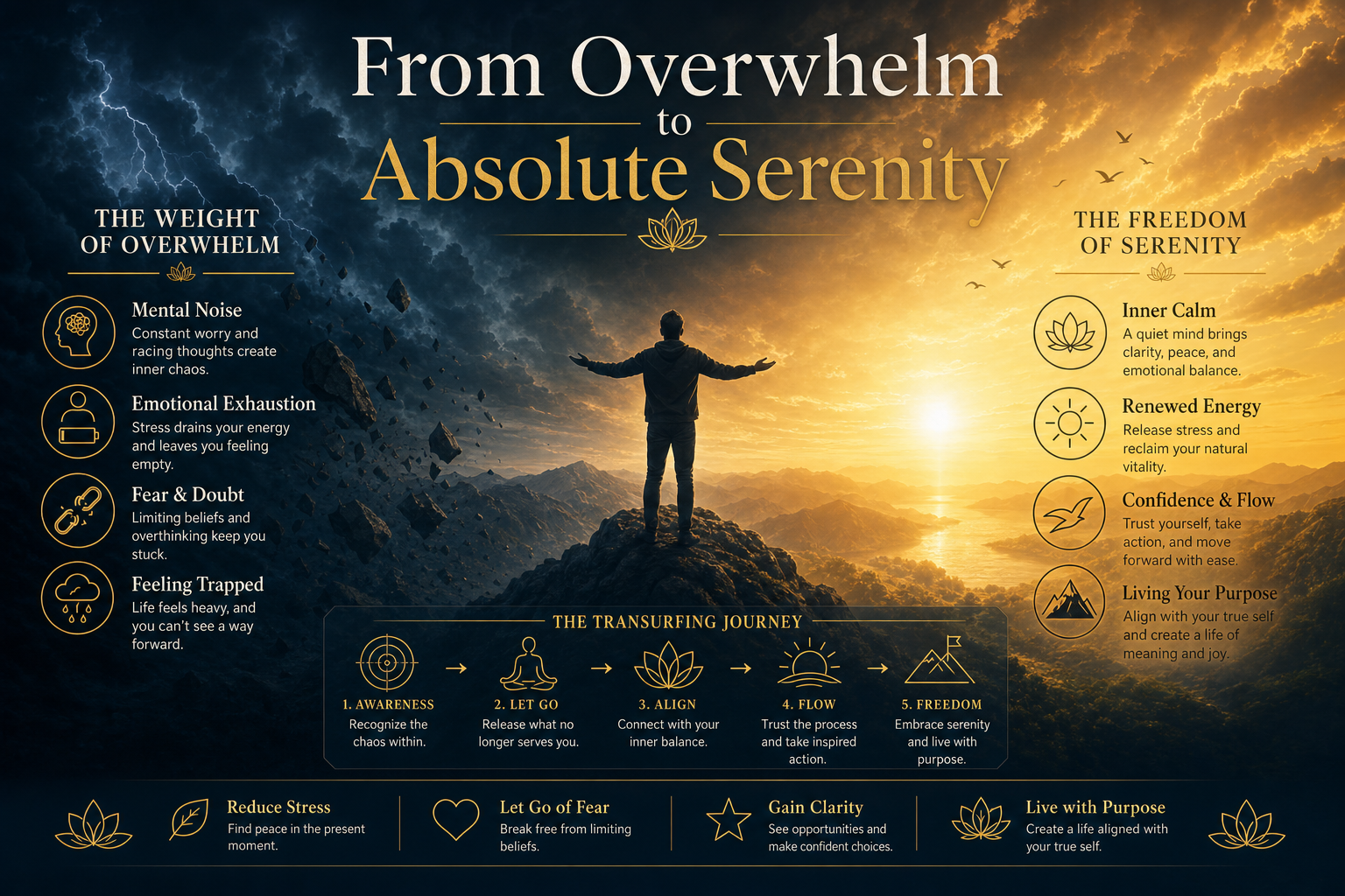 Apply the following visual style: Cinematic dual-tone composition using a palette of #1A2B3C navy and #FFB84D gold. Atmosphere is transcendent and calm. Use elegant serif typography in #F5F5F0 and thin-line gold lotus accents. Background should feature high-contrast light rays and atmospheric textures of clouds and stone. Style must be sophisticated, serene, and premium. Visual scene: A breathtaking landscape showing a transition from a stormy, textured dark navy on the left to a luminous, ethereal golden sunrise on the right. A silhouette of a person standing on a mountain peak, arms open, facing the golden light. Text overlay: "From Overwhelm to Absolute Serenity".