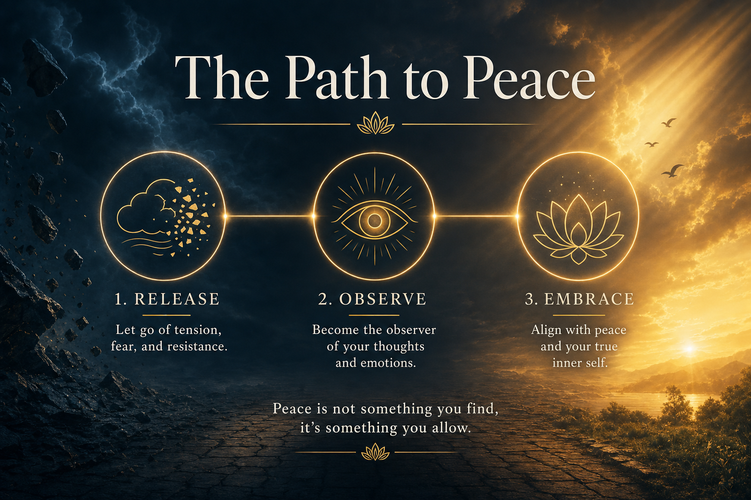 Apply the following visual style: Cinematic dual-tone composition using a palette of #1A2B3C navy and #FFB84D gold. Atmosphere is transcendent and calm. Use elegant serif typography in #F5F5F0 and thin-line gold lotus accents. Background should feature high-contrast light rays and atmospheric textures of clouds and stone. Style must be sophisticated, serene, and premium. Visual scene: A sophisticated timeline infographic titled "The Path to Peace". Three minimalist, thin-stroke gold icons connected by a glowing golden line: a dissolving cloud (representing releasing tension), an eye (representing the inner observer), and a glowing lotus flower (representing ultimate serenity). Soft volumetric light rays piercing through the background.