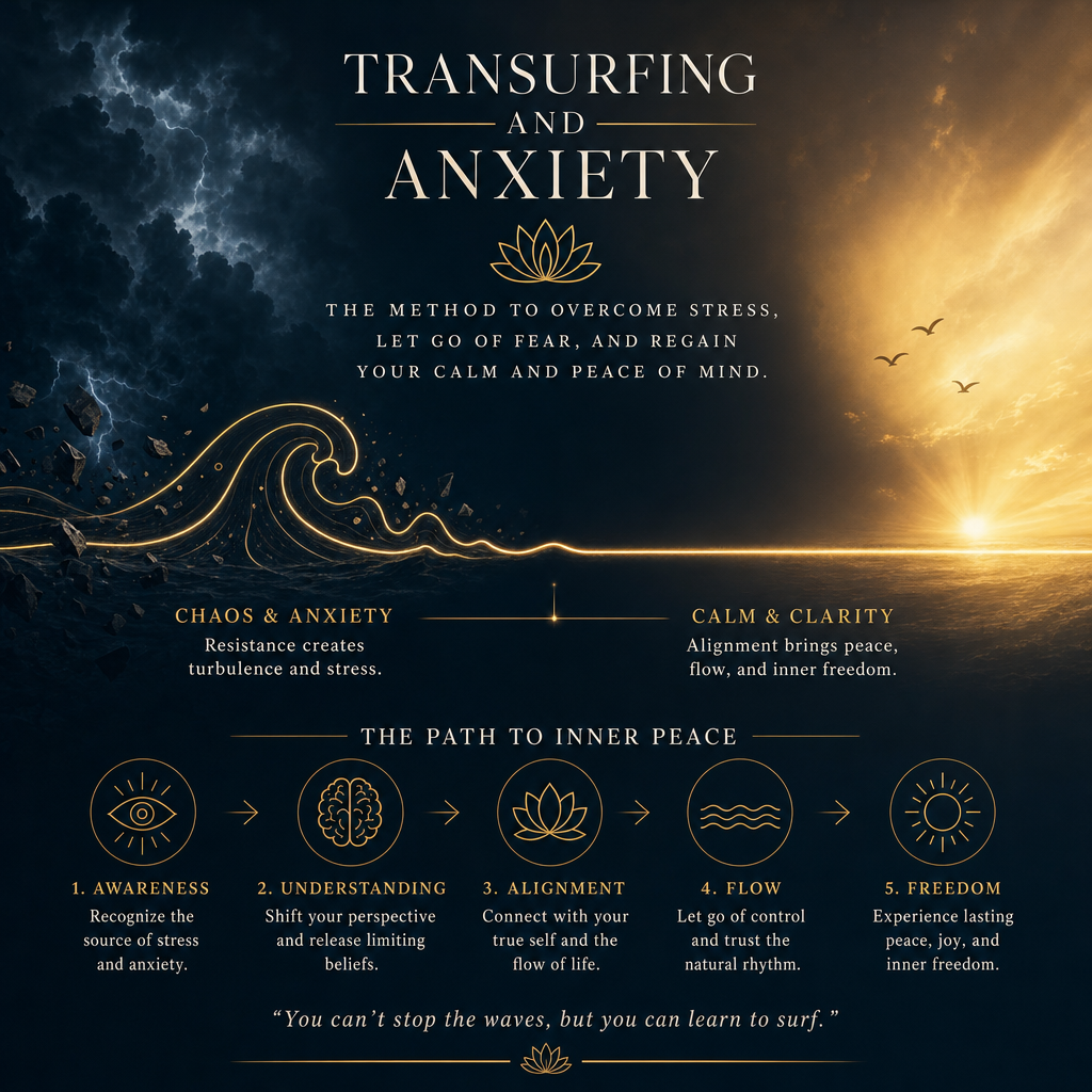 Apply the following visual style: Cinematic dual-tone composition using a palette of #1A2B3C navy and #FFB84D gold. Atmosphere is transcendent and calm. Use elegant serif typography in #F5F5F0 and thin-line gold lotus accents. Background should feature high-contrast light rays and atmospheric textures of clouds and stone. Style must be sophisticated, serene, and premium. Visual scene: A minimalist, thin-stroke burnished gold icon of a chaotic wave smoothing out into a calm, perfectly straight line. Soft glowing aura around the line.