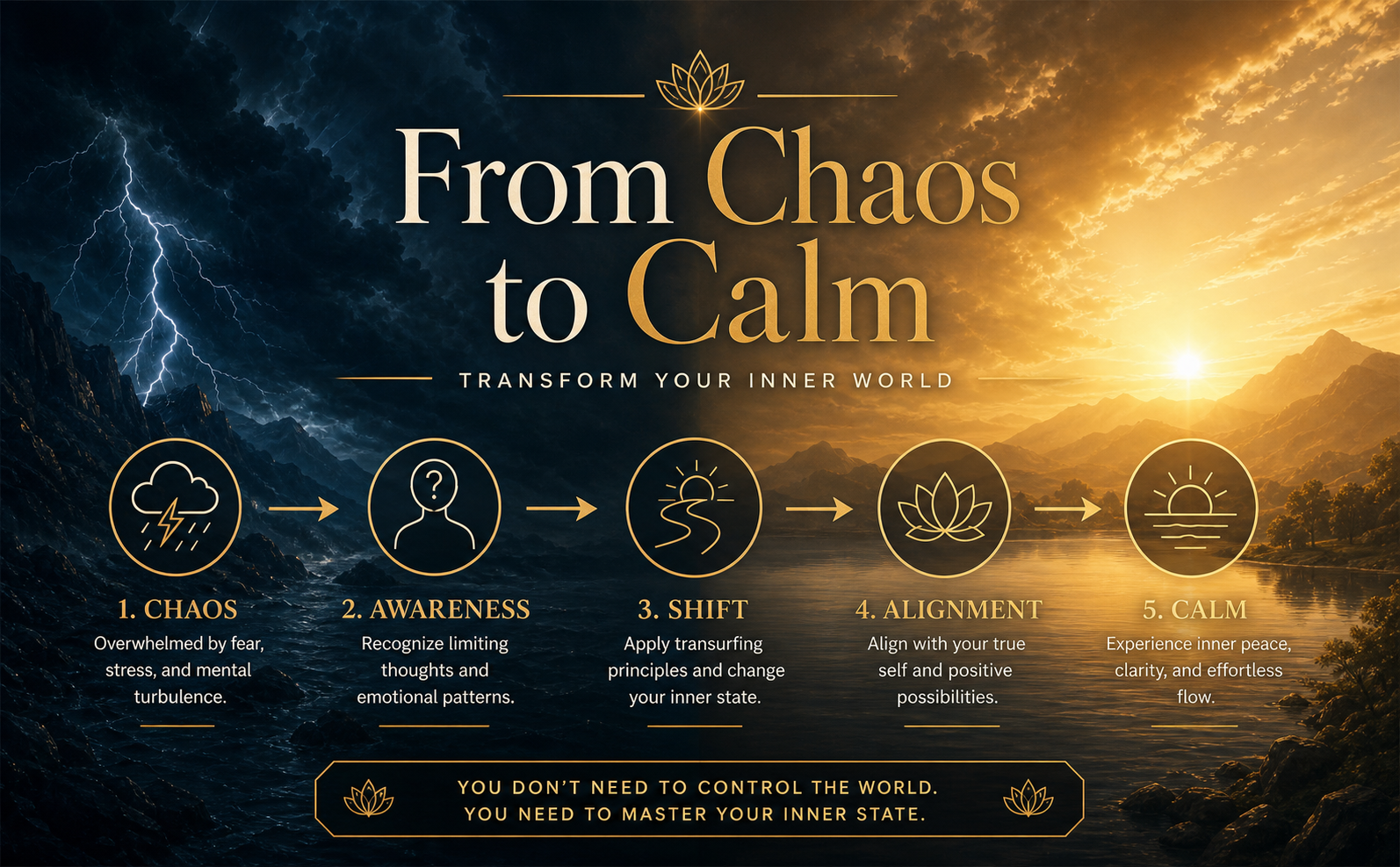 A cinematic dual-tone landscape split perfectly down the middle. On the left, dark Storm Blue and Deep Charcoal stormy clouds with lightning. On the right, a radiant Golden Glow sunrise breaking through calm skies over a serene mountain lake. Minimalist gold-lined text overlays the center reading "From Chaos to Calm" in sophisticated Playfair Display serif font. No physical objects, just pure atmospheric transformation.