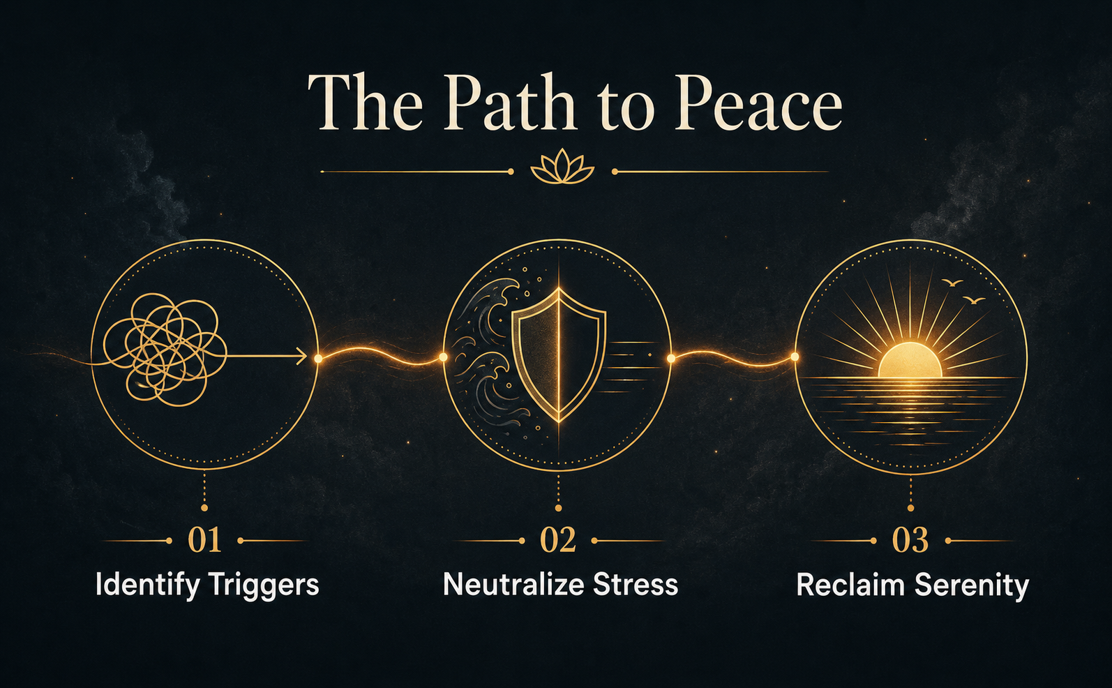 A sophisticated horizontal timeline infographic on a Deep Charcoal background. Three minimalist gold-lined icons connected by a glowing Earth Umber thread. Left icon: A tangled web turning into a single straight line (labeled "Identify Triggers" in clean white sans-serif). Middle icon: A shield blocking dark waves (labeled "Neutralize Stress"). Right icon: A glowing sun rising over a calm horizon (labeled "Reclaim Serenity"). Text elements use Warm Parchment colors. Elegant, modern, high-contrast design.