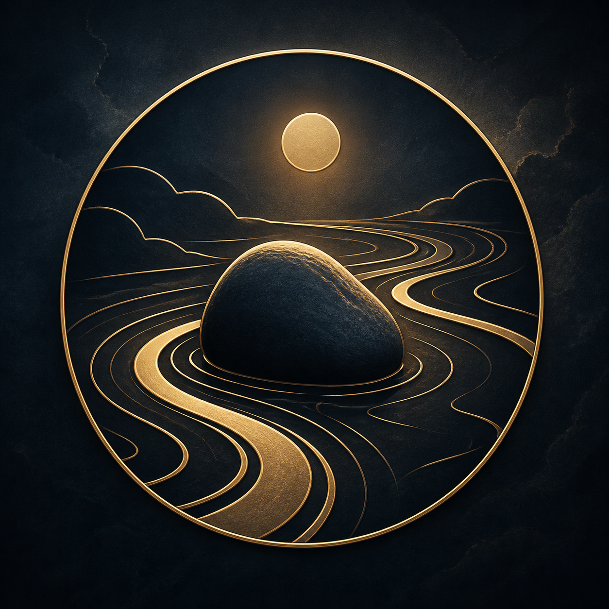 Minimalist gold-lined icon of a smooth river flowing around a solid stone, set against a Storm Blue background with Warm Parchment accents.
