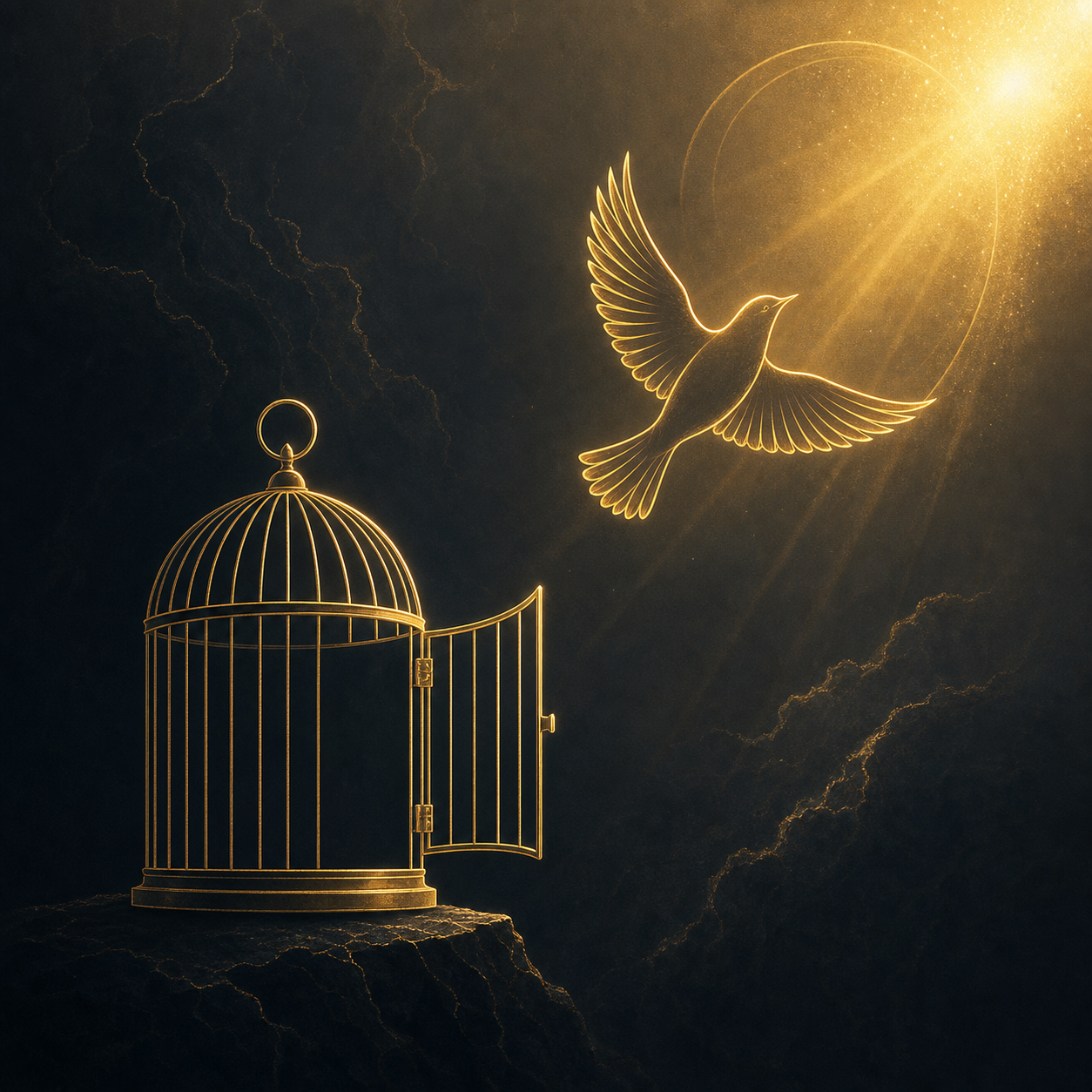 Minimalist gold-lined icon of an open birdcage with a single bird flying upward toward a Golden Glow light, on a Deep Charcoal background.