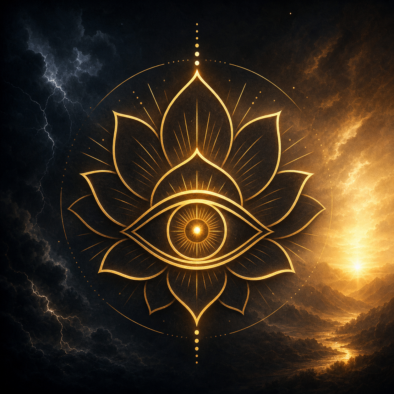 Minimalist gold-lined icon of a radiant eye surrounded by lotus petals, glowing with Earth Umber and gold tones over a dark atmospheric background.