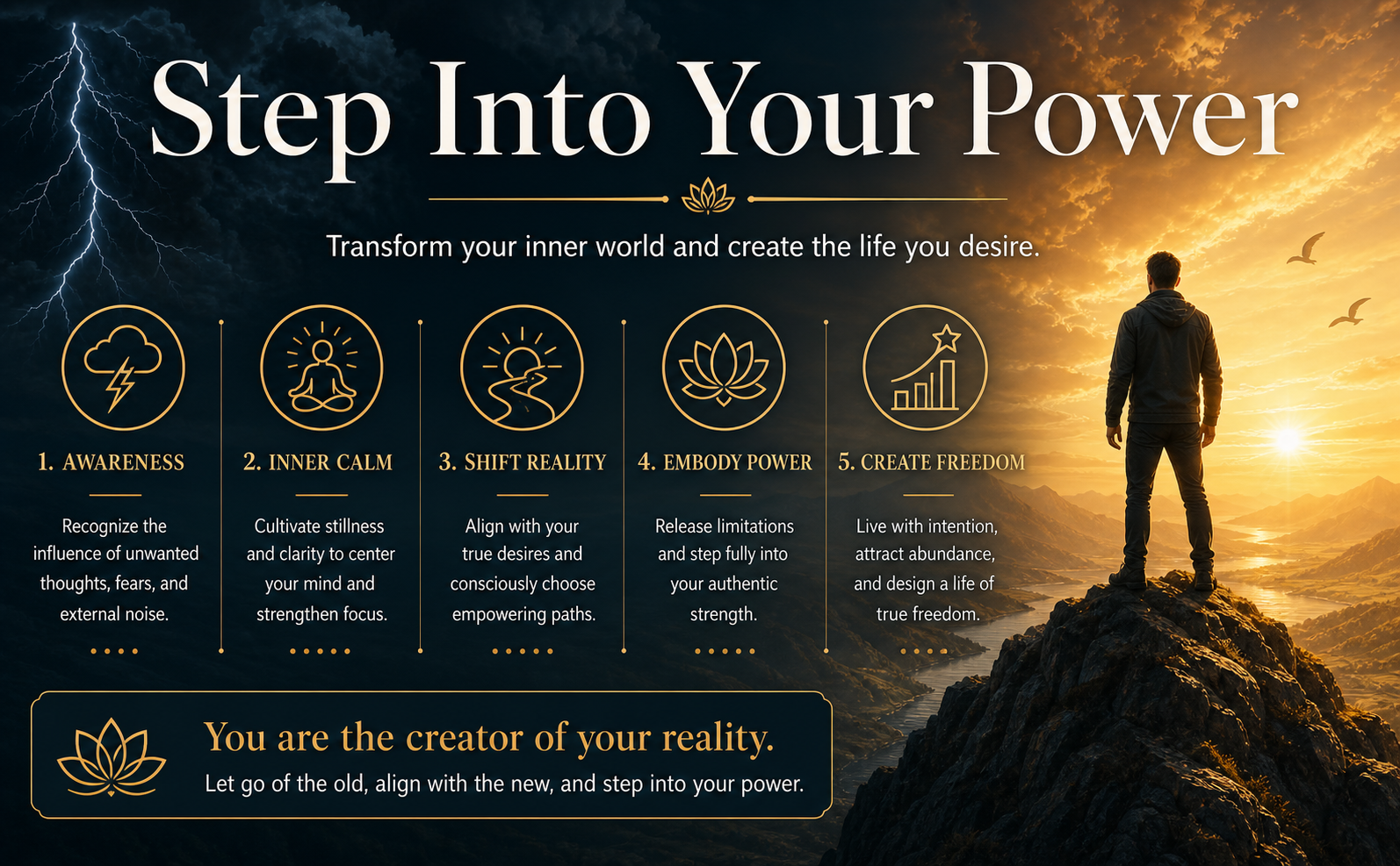 A powerful, aspirational cinematic scene. A lone figure stands atop a rugged mountain peak, looking out over a vast, peaceful valley bathed in a brilliant Golden Glow sunrise. The sky transitions from Storm Blue to bright gold. Bold, sophisticated text overlays the sky reading "Step Into Your Power" in crisp white Playfair Display font. The atmosphere is triumphant, serene, and deeply inspiring.