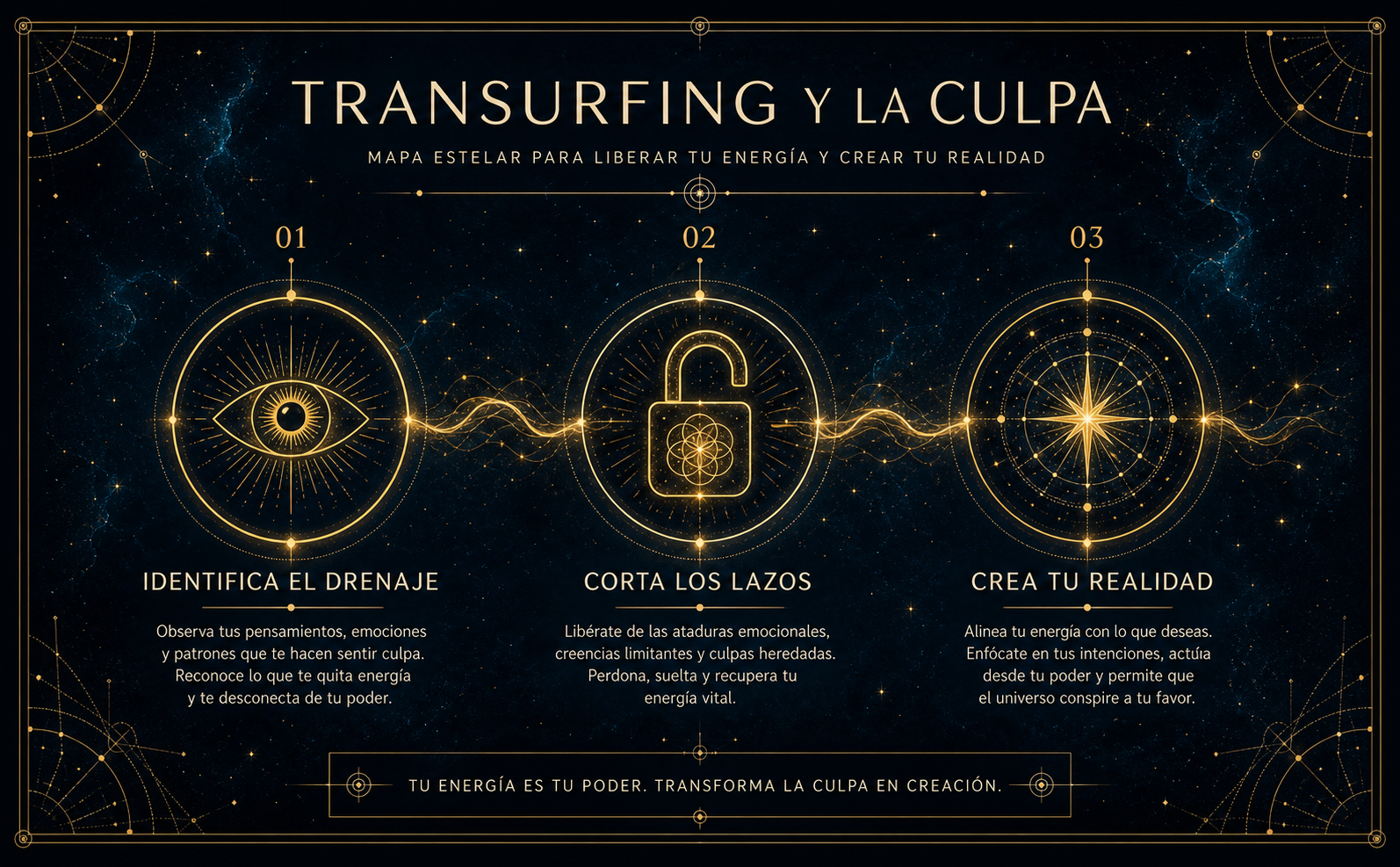 Infografía de proceso tipo mapa estelar. Fondo azul cósmico oscuro (#020810). Tres nodos conectados por una línea de energía fluida color oro (#D4AF37). Nodo 1: Un ojo minimalista brillante (Etiqueta: "IDENTIFICA EL DRENAJE"). Nodo 2: Un candado abriéndose con líneas geométricas (Etiqueta: "CORTA LOS LAZOS"). Nodo 3: Una estrella radiante en expansión (Etiqueta: "CREA TU REALIDAD"). Estilo lineal, brillante y etéreo. Textos en español, tipografía sans-serif geométrica color crema (#F2E6D0). Atmósfera mística y de empoderamiento.