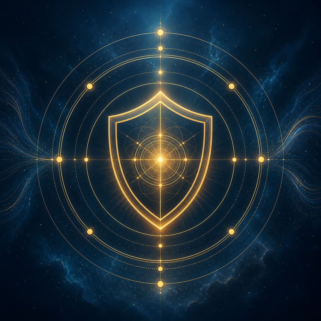 Icono lineal minimalista sobre fondo azul petróleo oscuro (#1A4B6E). Un escudo geométrico sutil rodeado de anillos concéntricos dorados (#D4AF37) emitiendo un brillo suave, simbolizando protección energética e inmunidad. Estilo etéreo y sofisticado.