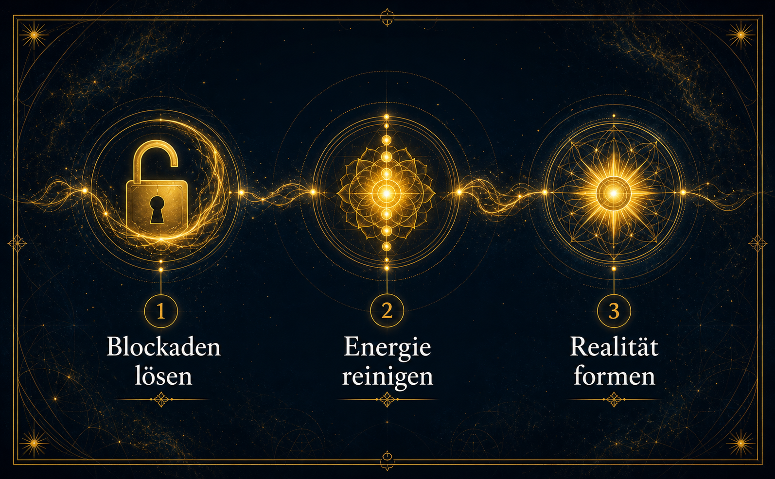 Infografik-Design auf dunkelblauem (#122338) Hintergrund. Eine aufsteigende goldene Zeitlinie aus fraktalen Linien, die drei Stationen zeigt: 1. Ein goldenes, sich öffnendes Schloss (Text: "Blockaden lösen"), 2. Ein leuchtendes, abstraktes Chakra-Symbol (Text: "Energie reinigen"), 3. Eine strahlende, geometrische Sonne (Text: "Realität formen"). Elegante Serifenschrift (#FFFFFF). Stil: Metaphysisch, filigrane Linienführung mit dezentem Glow-Effekt. Keine Bücher.
