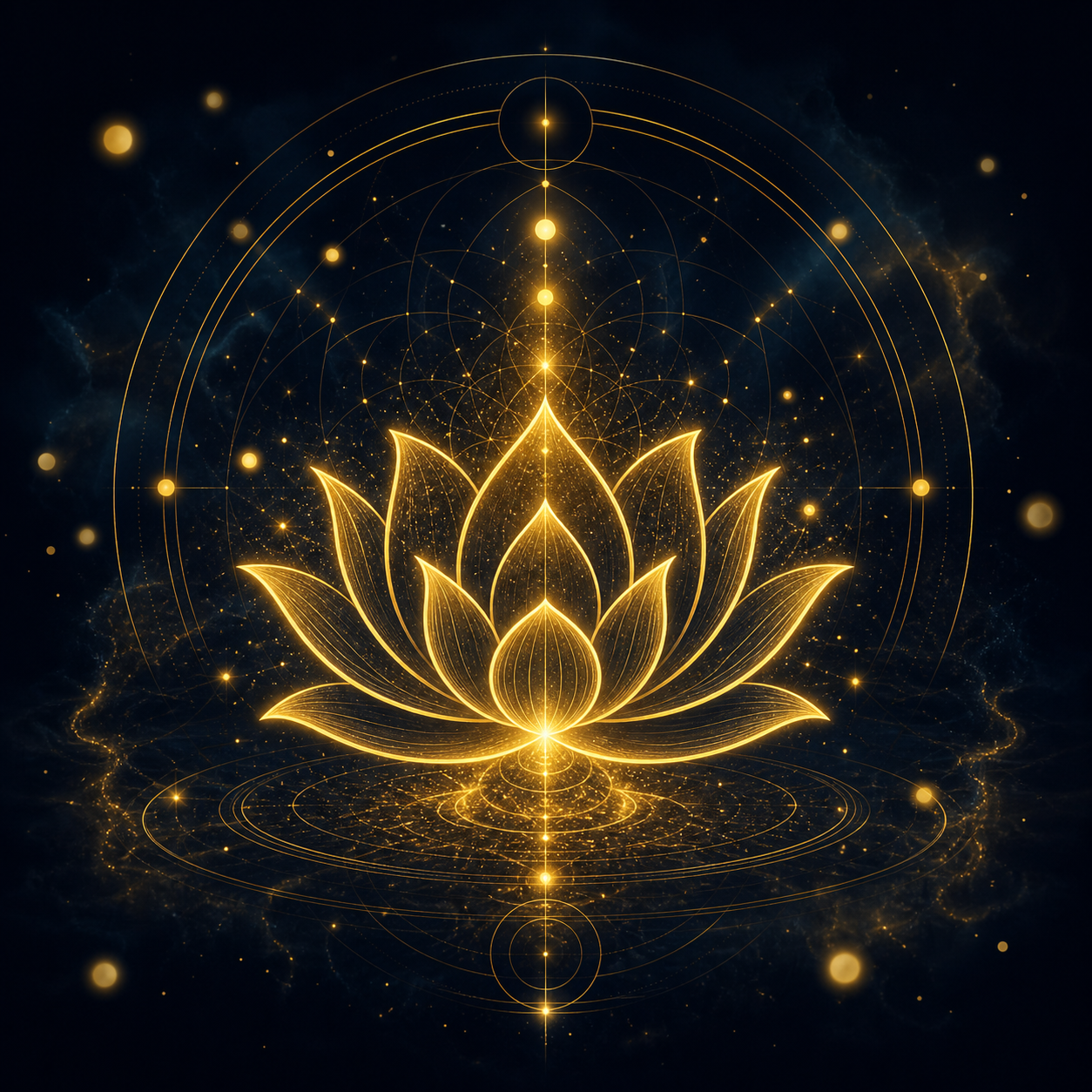 Minimalistisches Gold-Line-Art Icon einer sich öffnenden Lotusblüte auf tiefschwarz-blauem Hintergrund (#050A14), umgeben von schwebenden Lichtpartikeln. Stilrichtung: Metaphysisch, elegant. Keine Bücher.