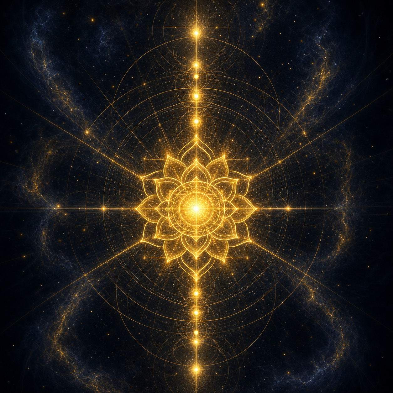 Filigranes Icon eines leuchtenden Energiezentrums (Chakra) in Antikgold (#D4AF37), das feine, kosmische Strahlen aussendet. Dunkler Hintergrund mit subtilen Nebelstrukturen. Keine Bücher.