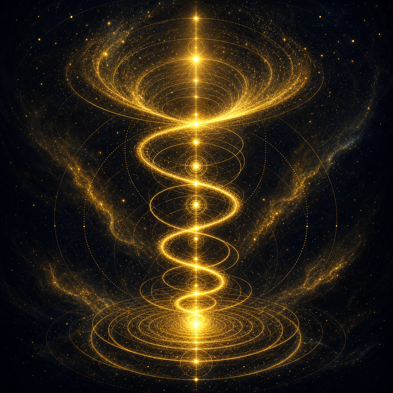 Abstrakte goldene Spirale (Heilige Geometrie), die sich nach oben öffnet und ausdehnt, auf tiefschwarzem Grund mit leuchtendem Sternenstaub-Effekt. Keine Bücher.