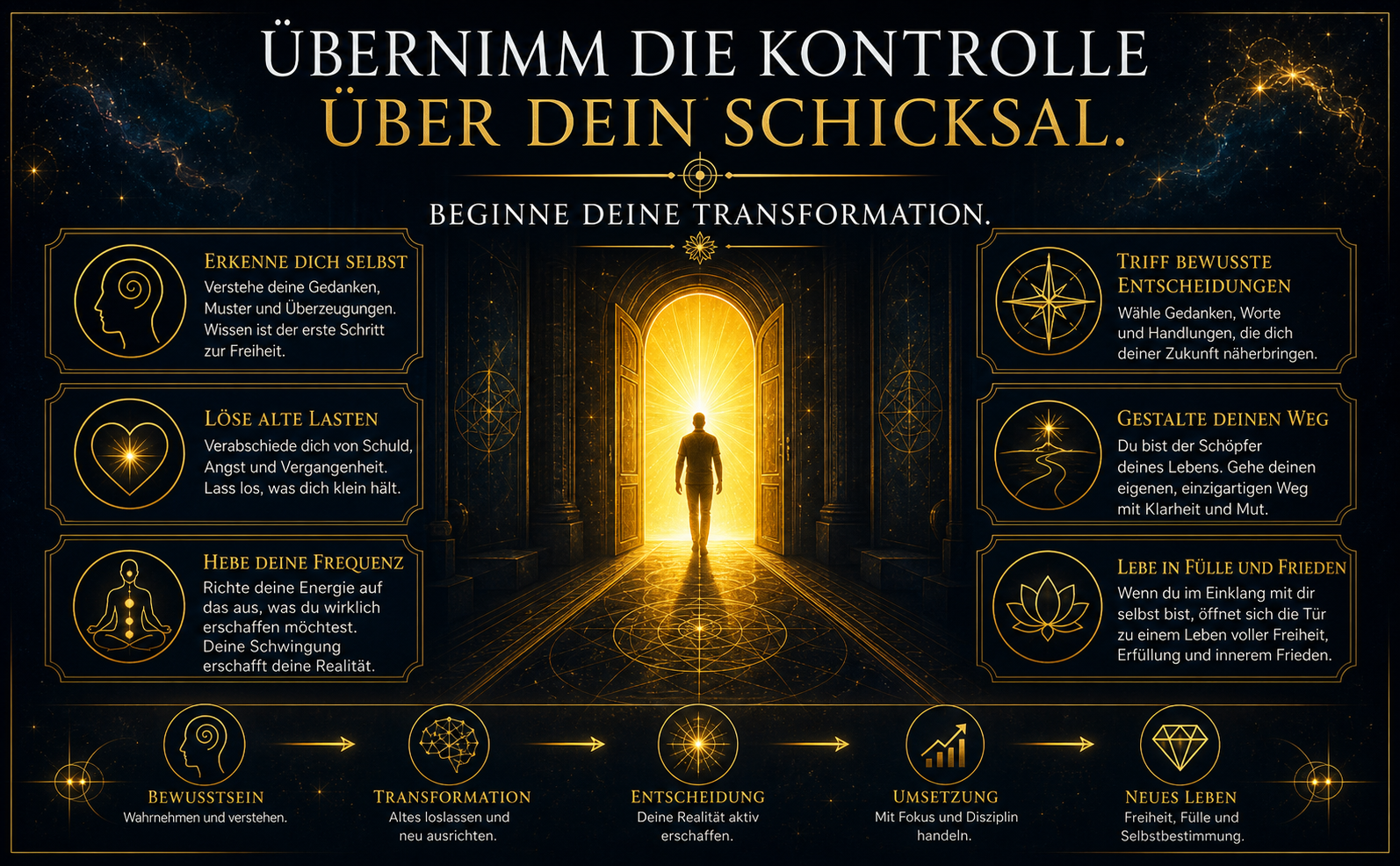 Eine offene Tür aus reinem, leuchtend gelbem Licht (#FFD700) am Ende eines dunklen, mystischen Flurs (#050A14). Eine Silhouette tritt selbstbewusst durch das Licht in eine strahlende Zukunft. Text in großem, elegantem Weiß/Gold: "Übernimm die Kontrolle über dein Schicksal. Beginne deine Transformation." Stil: Atmosphärisch, befreiend, hohe Kontraste, mystisch. Keine Bücher.