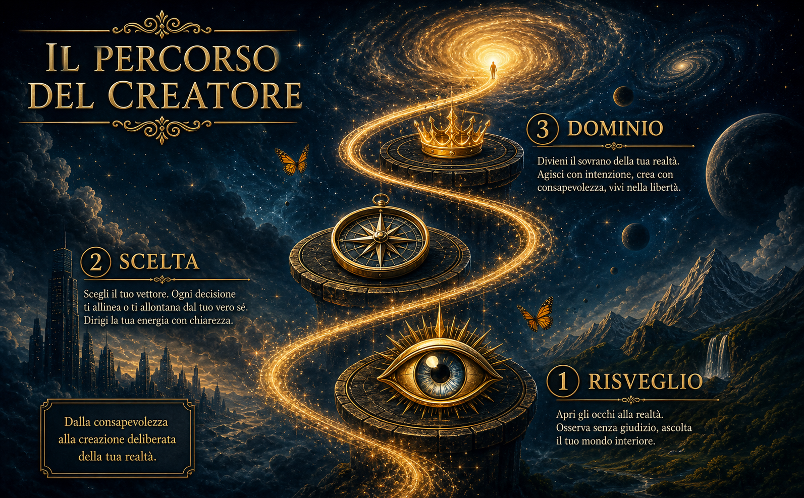 Infografica a forma di spirale galattica ascendente. Tre fasi segnate da icone 3D: un occhio aperto (Risveglio), una bussola dorata (Scelta), una corona di luce (Dominio). Testo in sovraimpressione: "IL PERCORSO DEL CREATORE". Stile Transurfing: palette #0B101B e #C5A059, atmosfera epica e mistica, illuminazione cinematografica, dettagli in oro e luce ambrata, font Serif elegante. Nessun libro presente.