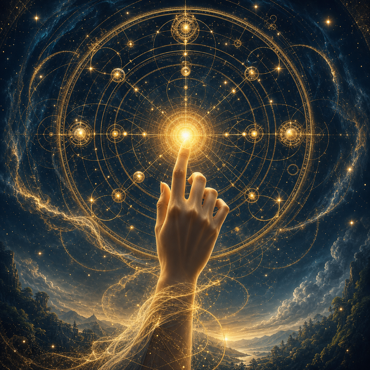 Una mano eterea che tocca un punto luminoso su una complessa mappa astrale dorata. Stile Transurfing: palette #0B101B e #C5A059, atmosfera mistica, particelle di luce, illuminazione cinematografica. Nessun libro.