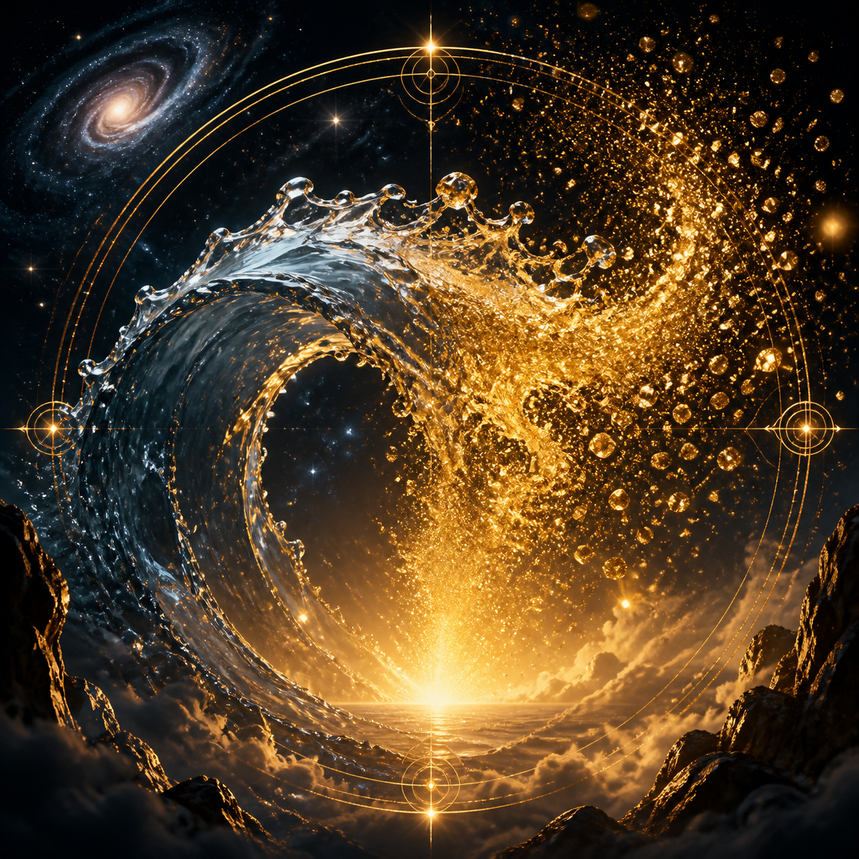 Un'onda d'acqua cristallina che si trasforma in polvere d'oro sospesa nel vuoto cosmico. Stile Transurfing: palette #0B101B e #C5A059, atmosfera epica e mistica, luce ambrata. Nessun libro.