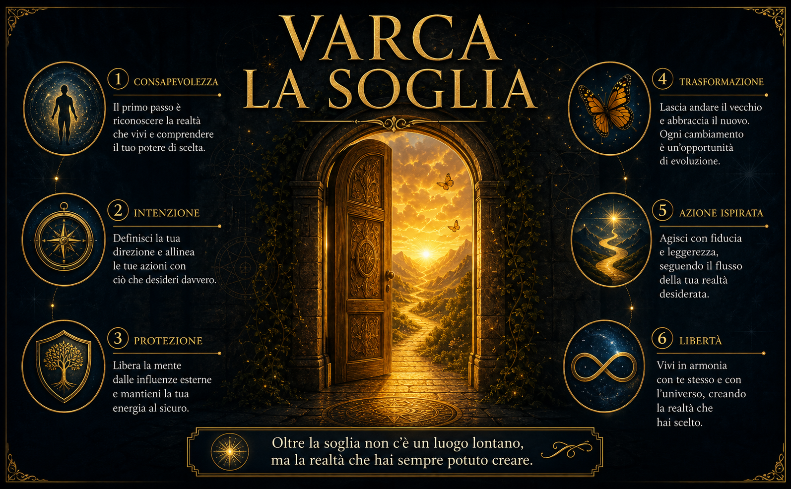 Una porta di legno antico semiaperta che rivela un orizzonte dorato brillante, contrastando con il buio della stanza in primo piano. Testo in sovraimpressione: "VARCA LA SOGLIA". Stile Transurfing: palette #0B101B e #C5A059, atmosfera epica e mistica, illuminazione cinematografica, dettagli in oro e luce ambrata, font Serif elegante. Nessun libro presente.