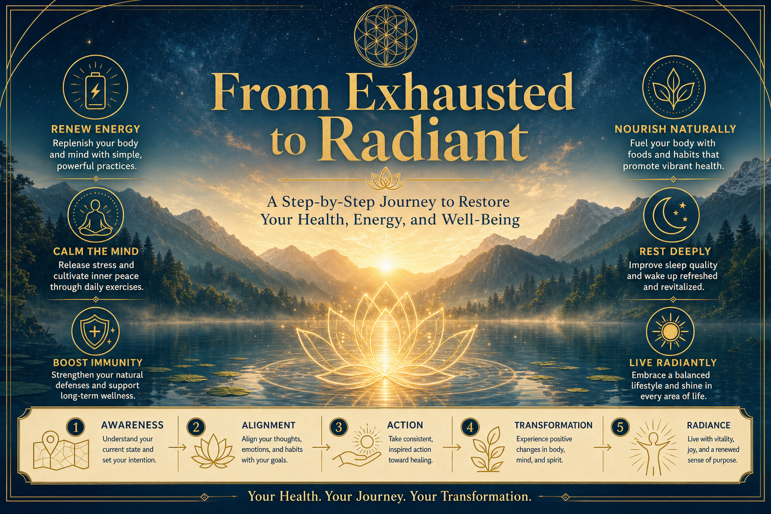 Style: [TRANSURFING HEALTH BRAND]. Cinematic lighting, ethereal atmosphere, symmetrical composition. A stunning sunrise over a calm, misty mountain lake, symbolizing a new dawn of vitality. In the center, glowing thin gold line art of a lotus flower emerging from the water. Elegant Serif typography overlay in Antique Gold #C5A059 reads: 'From Exhausted to Radiant'. Deep Navy #0B243B shadows. High-end, professional Amazon A+ Content aesthetic. Landscape 970x600.