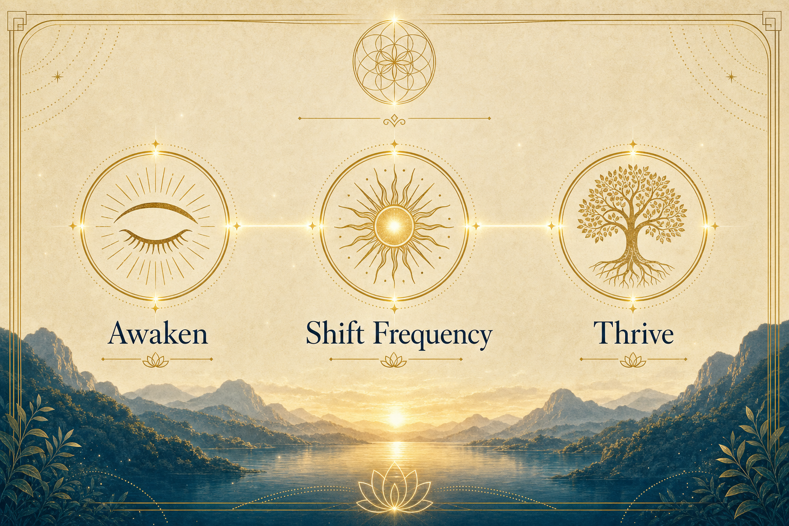 Style: [TRANSURFING HEALTH BRAND]. Cinematic lighting, ethereal atmosphere. A stunning horizontal infographic set against a Vintage Cream #EAE2CA parchment texture. Three glowing Antique Gold #C5A059 geometric icons connected by a glowing line: a closed eye (Awakening), a radiant sun (Energy Shift), and a thriving tree (Radiant Health). Elegant English text labels: 'Awaken', 'Shift Frequency', 'Thrive'. Deep Navy #0B243B accents. Professional Amazon A+ Content aesthetic. Landscape 970x600.