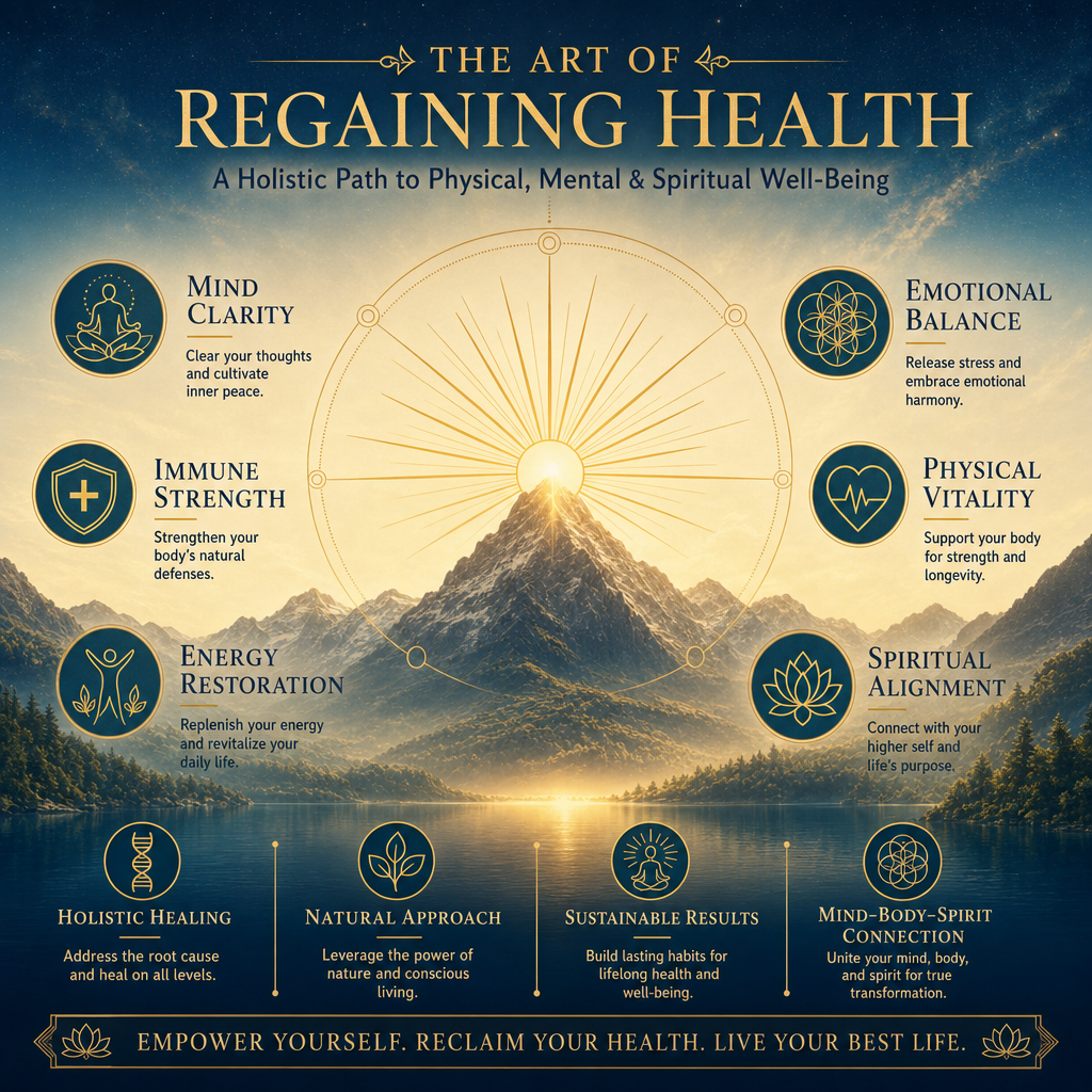 Style: [TRANSURFING HEALTH BRAND]. A minimalist line-art sunburst in Antique Gold #C5A059 radiating over a serene mountain peak at golden hour, symbolizing limitless vitality.