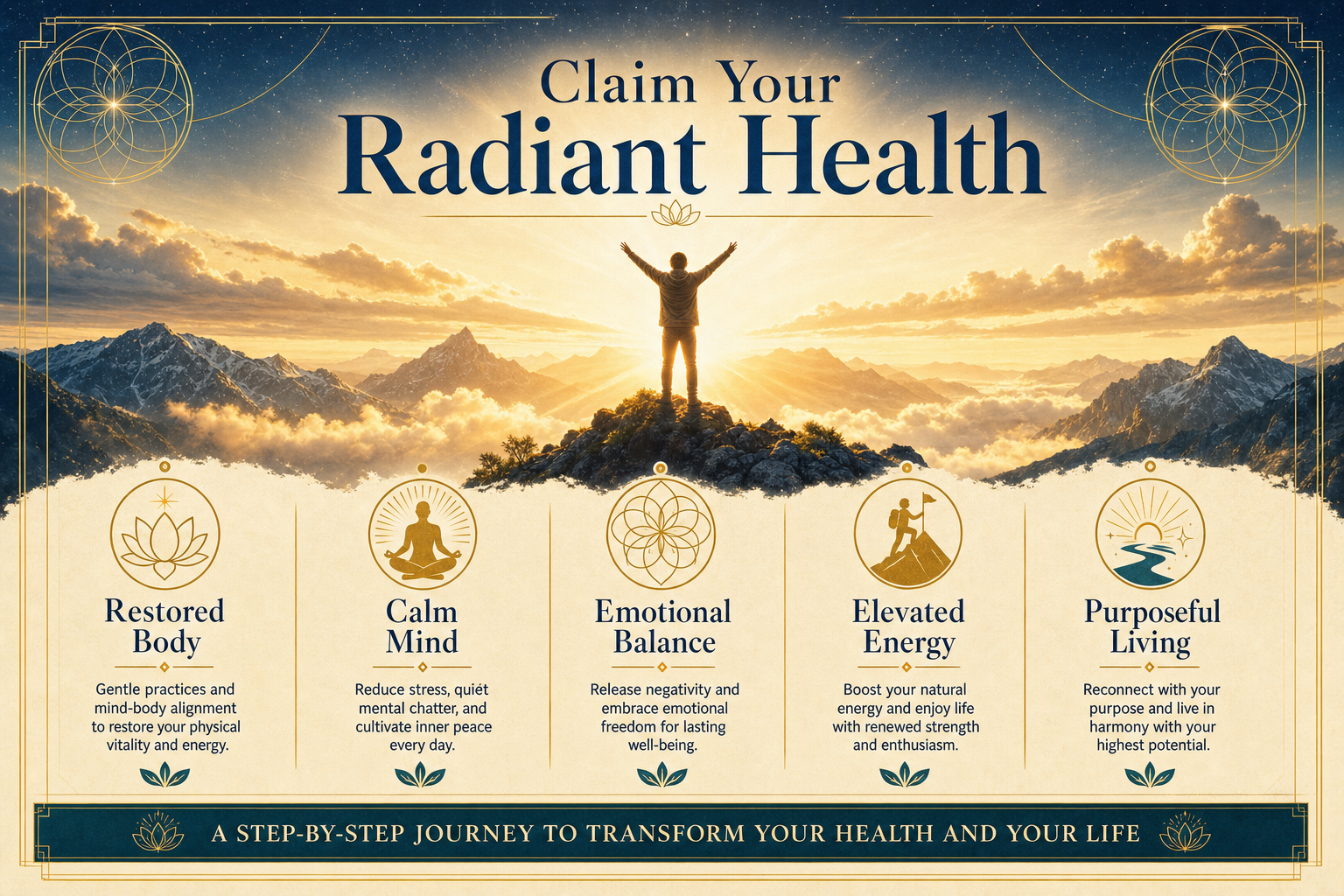 Style: [TRANSURFING HEALTH BRAND]. Cinematic lighting, ethereal atmosphere. A breathtaking view of a person silhouetted against a brilliant, glowing sunrise atop a majestic mountain, arms raised in triumph. Antique Gold #C5A059 light rays breaking through clouds. Elegant Serif typography overlay in Deep Navy #0B243B reads: 'Claim Your Radiant Health'. Vintage Cream #EAE2CA parchment accents. High-end, professional Amazon A+ Content aesthetic. Landscape 970x600.