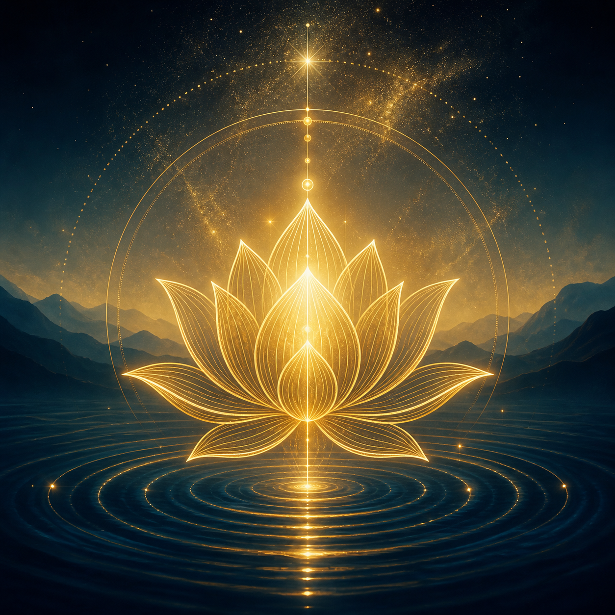 Minimalist gold line art of a glowing lotus flower blooming over a serene Midnight Blue water ripple. Soft celestial textures. No books.