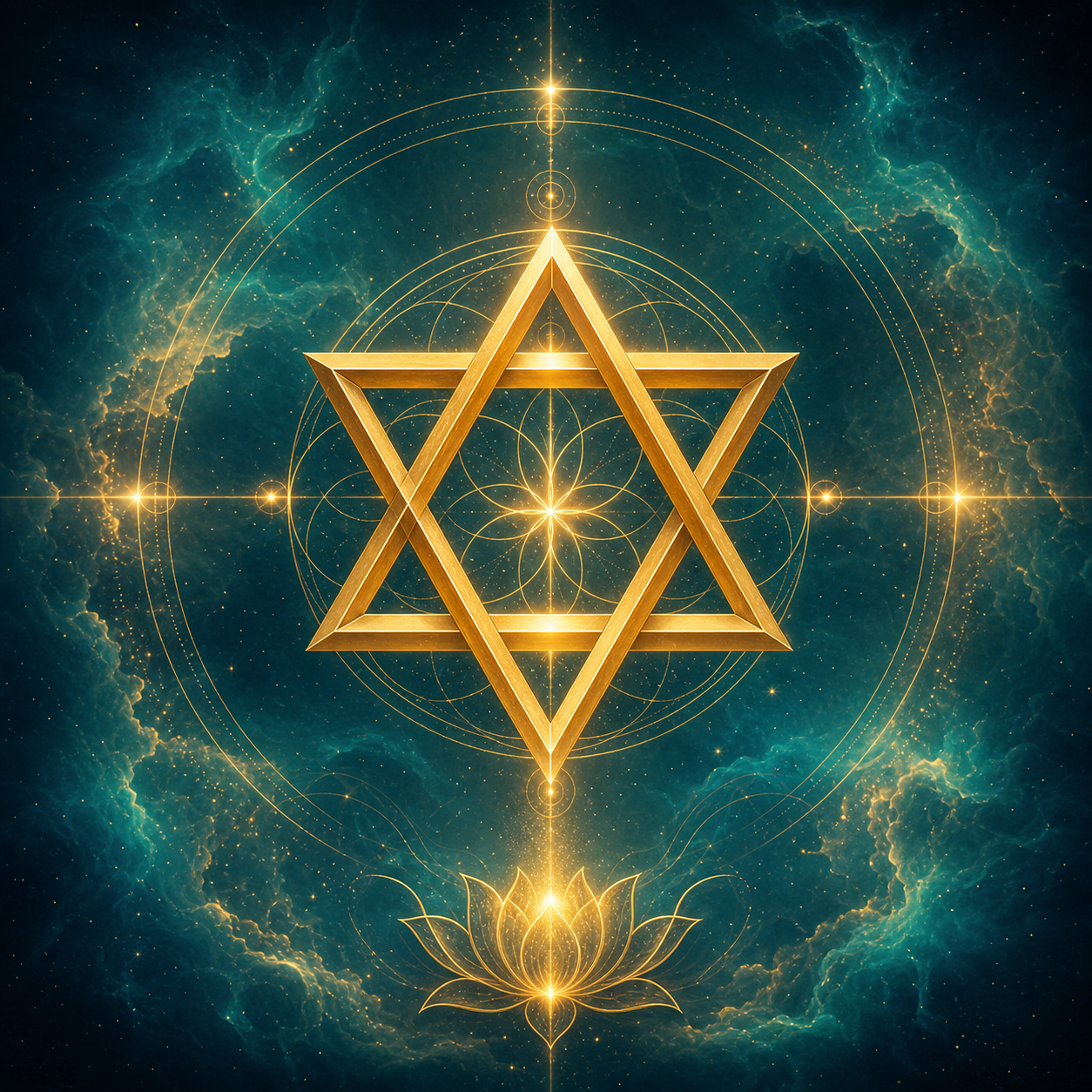 Sacred geometry symbol of a perfectly balanced golden hexagram hovering over an ethereal Deep Teal nebula background. No books.