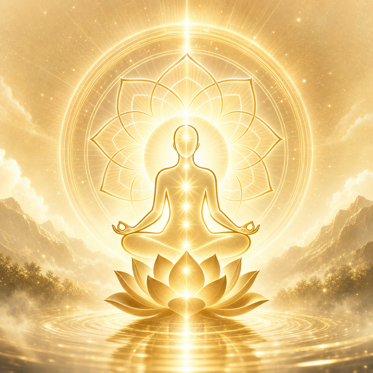 A radiant, glowing golden aura radiating outwards against a soft cream-to-gold gradient background with delicate lens flares. No books.