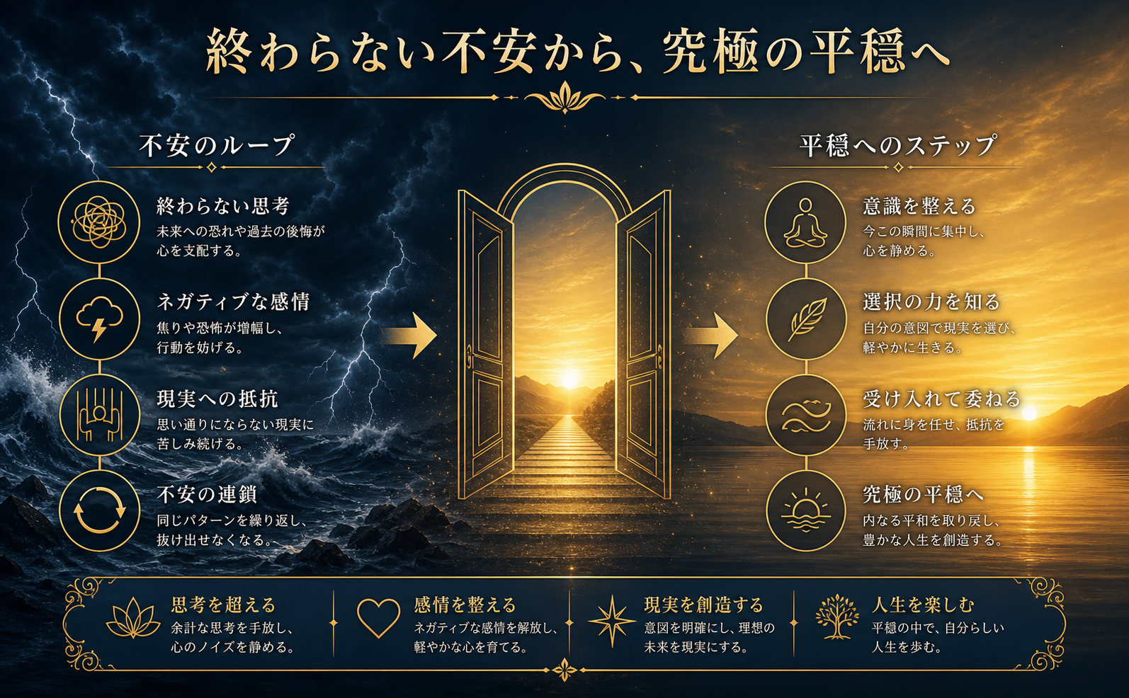 ダークネイビーの嵐の空から、温かみのあるサンセットイエローの光へと変化するドラマチックな風景。左側は荒れ狂う波、右側は鏡のように穏やかな水面。中央にはエレガントな細いゴールドの線で描かれた「開かれた扉」の抽象的なシンボル。上部には高級感のある明朝体で「終わらない不安から、究極の平穏へ」というテキストを配置。全体的にシネマティックで荘厳な雰囲気。ポップな要素や安っぽいCGは完全に排除。