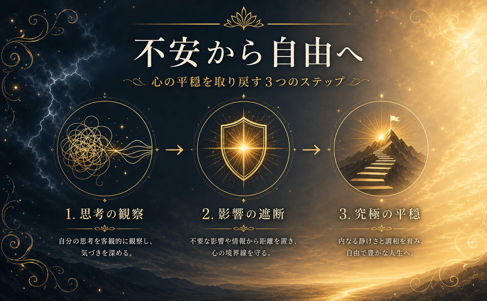 精神的な解放へのプロセスを描いたインフォグラフィック。背景はディープブルーグレーからウォームホワイトへの美しいグラデーション。3つのステップを示すゴールドの極細ラインで描かれた抽象アイコン（1: 絡み合った糸が解けるシンボル、2: 光を放つ盾、3: 頂上へ向かう階段）。各アイコンの下に明朝体で「1. 思考の観察」「2. 影響の遮断」「3. 究極の平穏」と記載。繊細な光の粒子と唐草文様が全体を包み込み、高級感と希望を感じさせるデザイン。