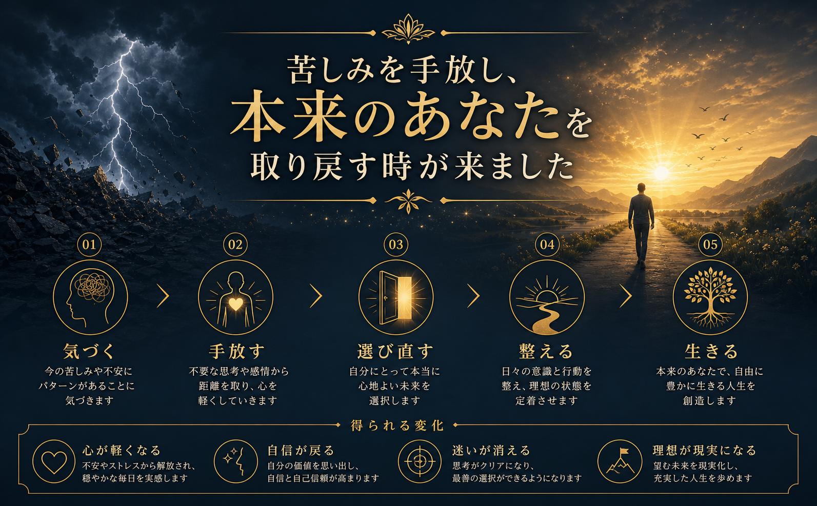 夜明けの水平線を望む雄大な自然風景。暗いディープブルーグレーの夜空から、輝くサンセットイエローの朝日が昇り始める瞬間。空には繊細なゴールドの光線が広がり、希望と新しい始まりを強調。中央に高級感のある明朝体で「苦しみを手放し、本来のあなたを取り戻す時が来ました」というメッセージを配置。見る者に深い感動と、すぐに行動を起こしたくなるような強いインスピレーションを与えるシネマティックな構図。