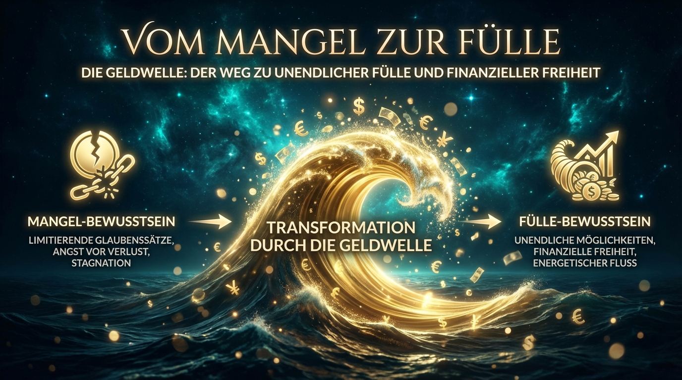 "VOM MANGEL ZUR FÜLLE" written in elegant serif typography. A majestic, glowing golden wave rising from a deep cosmic ocean, transforming into shimmering light particles representing wealth and abundance. visual style: Die Geldwelle-Specification, Palette #051622 and #D4AF37, glowing 3D elements, cosmic ocean background, elegant serif typography, mystical abundance atmosphere, cinematic lighting, high-end professional finish --ar 16:9