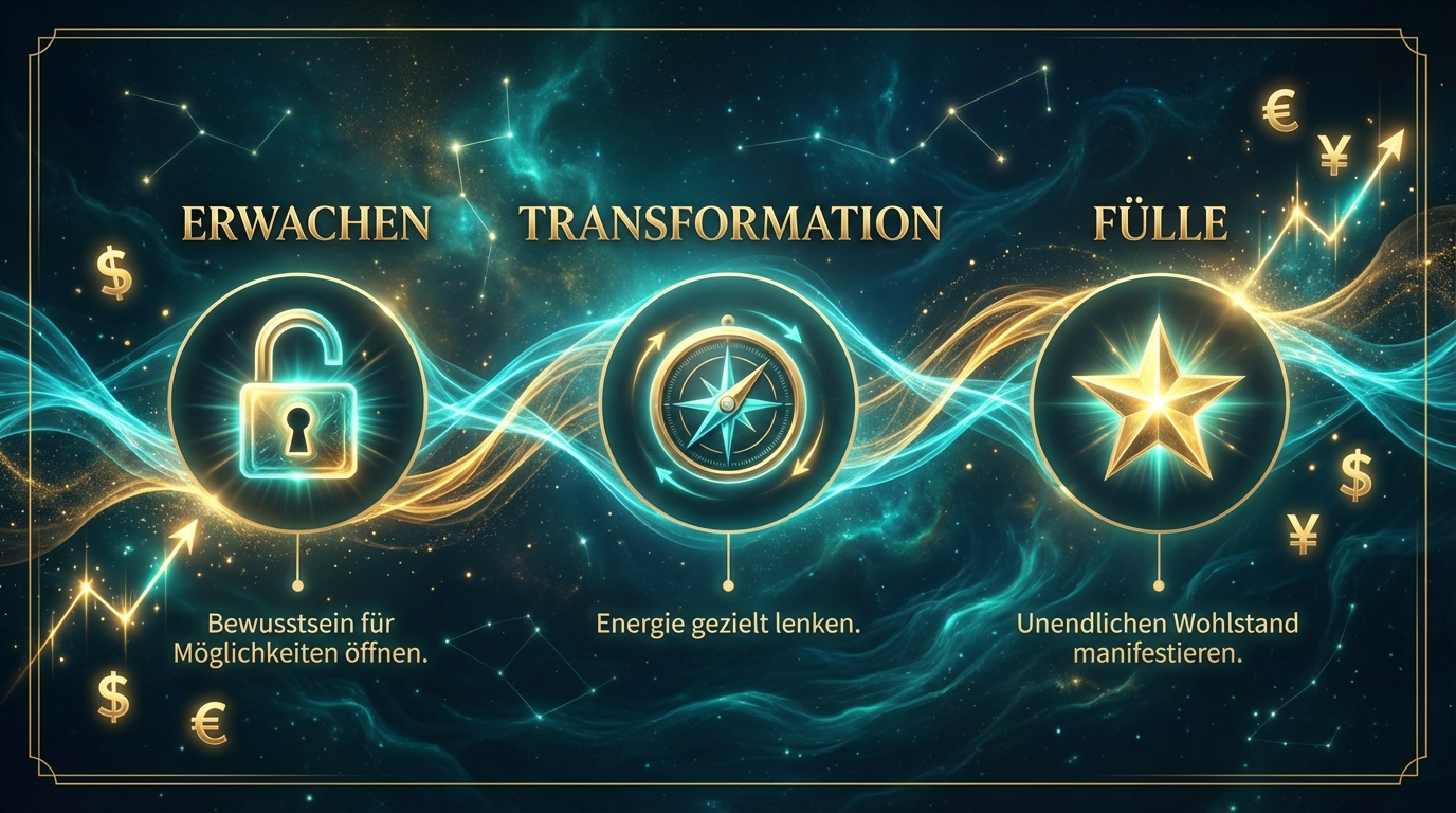 Infographic showing a 3-step timeline journey: 1. "ERWACHEN", 2. "TRANSFORMATION", 3. "FÜLLE". Connected by a glowing electric teal and gold energy wave. 3D illuminated icons: an unlocking padlock, a glowing compass, and a brilliant golden star. visual style: Die Geldwelle-Specification, Palette #051622 and #D4AF37, glowing 3D elements, cosmic ocean background, elegant serif typography, mystical abundance atmosphere, cinematic lighting, high-end professional finish --ar 16:9