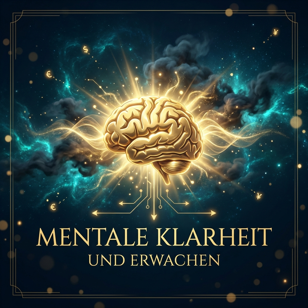 A glowing 3D mind or brain icon radiating golden light waves, dissolving dark clouds, symbolizing mental clarity and awakening. visual style: Die Geldwelle-Specification, Palette #051622 and #D4AF37, glowing 3D elements, cosmic ocean background, mystical abundance atmosphere, cinematic lighting.