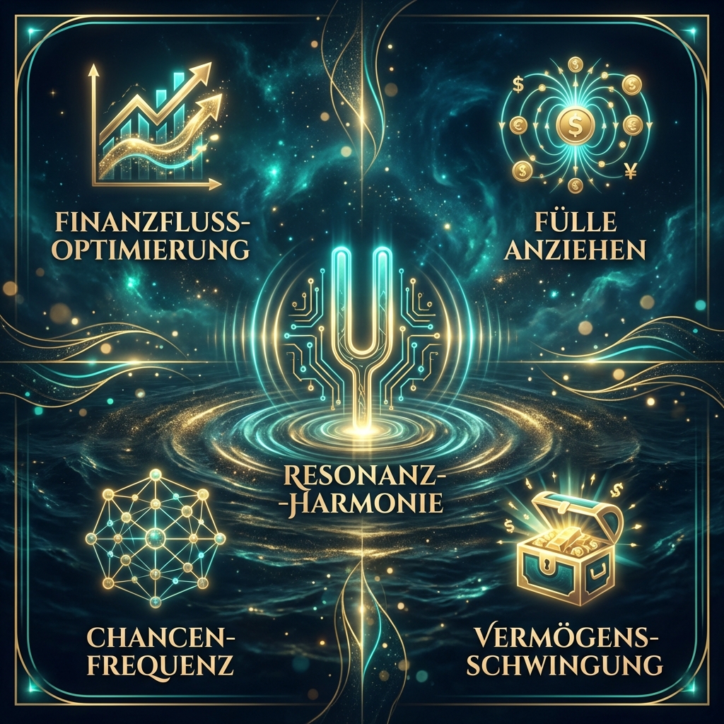 A glowing 3D tuning fork or resonance wave icon in electric teal and gold, creating harmonious ripples in a dark cosmic ocean. visual style: Die Geldwelle-Specification, Palette #051622 and #D4AF37, glowing 3D elements, cosmic ocean background, mystical abundance atmosphere, cinematic lighting.