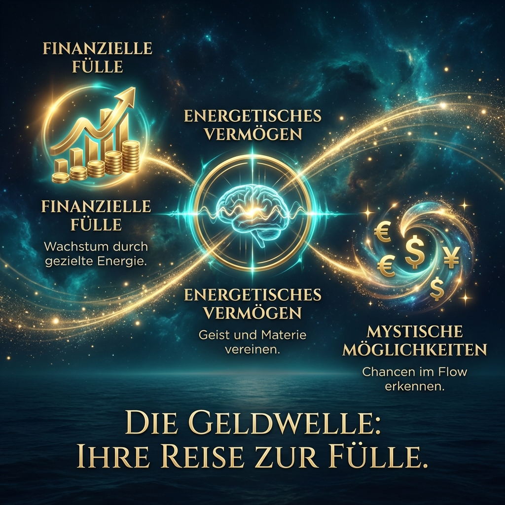 Abstract 3D floating currency symbols (Euro, Dollar) made of golden light particles forming a rising, powerful wave. visual style: Die Geldwelle-Specification, Palette #051622 and #D4AF37, glowing 3D elements, cosmic ocean background, mystical abundance atmosphere, cinematic lighting.
