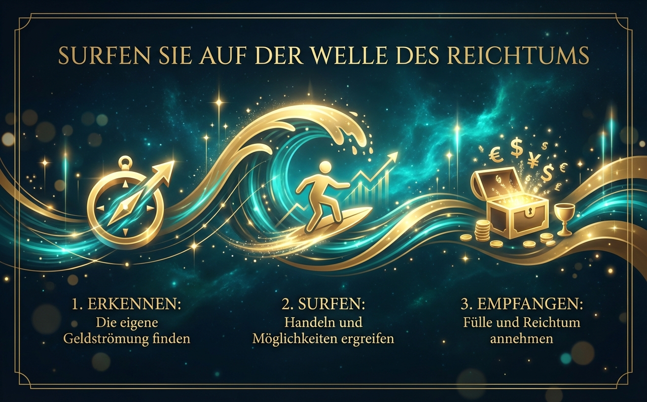 "SURFEN SIE AUF DER WELLE DES REICHTUMS" written in elegant serif typography. A spectacular golden wave crashing powerfully yet gracefully in a cosmic ocean, glowing with electric teal energy, symbolizing ultimate breakthrough and action. visual style: Die Geldwelle-Specification, Palette #051622 and #D4AF37, glowing 3D elements, cosmic ocean background, elegant serif typography, mystical abundance atmosphere, cinematic lighting, high-end professional finish --ar 16:9
