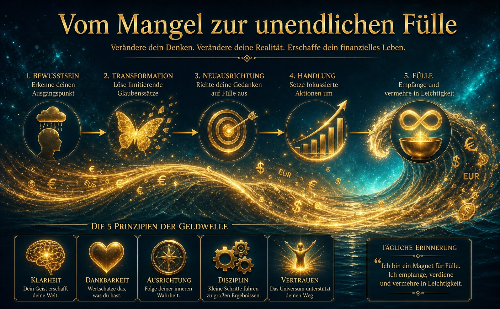 Kosmischer Hintergrund in tiefem Nachtblau mit leuchtenden türkisfarbenen Wasserreflexionen. Im Zentrum eine strahlende, goldene Energiewelle, die sich zu einem leuchtenden Wohlstandssymbol formt. Text in eleganter, goldener Serifenschrift: "Vom Mangel zur unendlichen Fülle". Professionelles 3D-Design mit Metall-Finish, metaphysische Atmosphäre, schwebende Lichtpartikel. Keine Bücher im Bild.