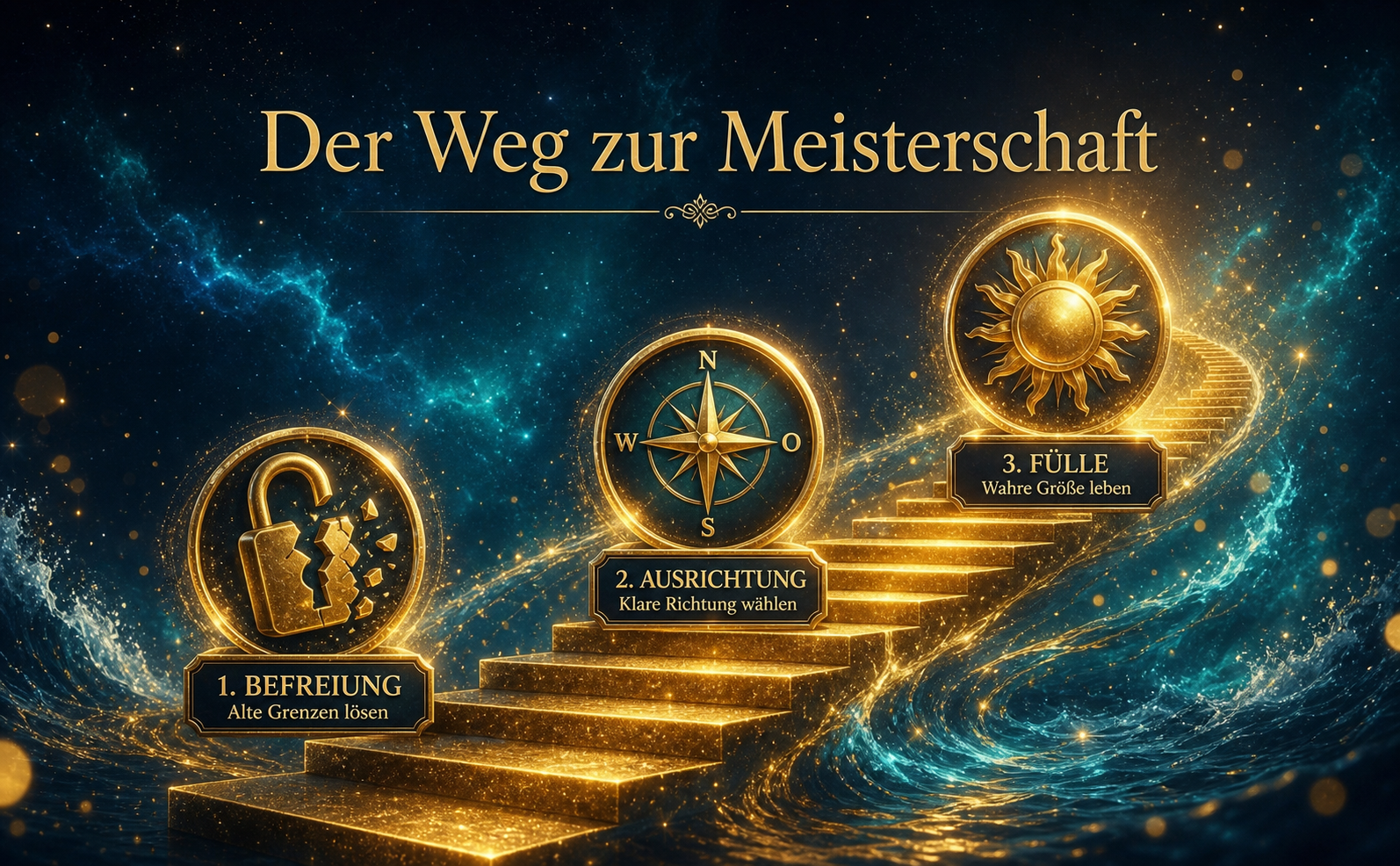 Hochwertige 3D-Infografik. Eine aufsteigende goldene Treppe vor einem tiefblauen Sternennebel. Drei leuchtende 3D-Metall-Icons markieren den Weg: Ein zerbrochenes Schloss (Befreiung), ein strahlender Kompass (Ausrichtung) und eine leuchtende Sonne (Fülle). Text in goldener Serifenschrift: "Der Weg zur Meisterschaft". Subtile Bokeh-Lichtpartikel und türkisfarbener Nebel. Keine Bücher.