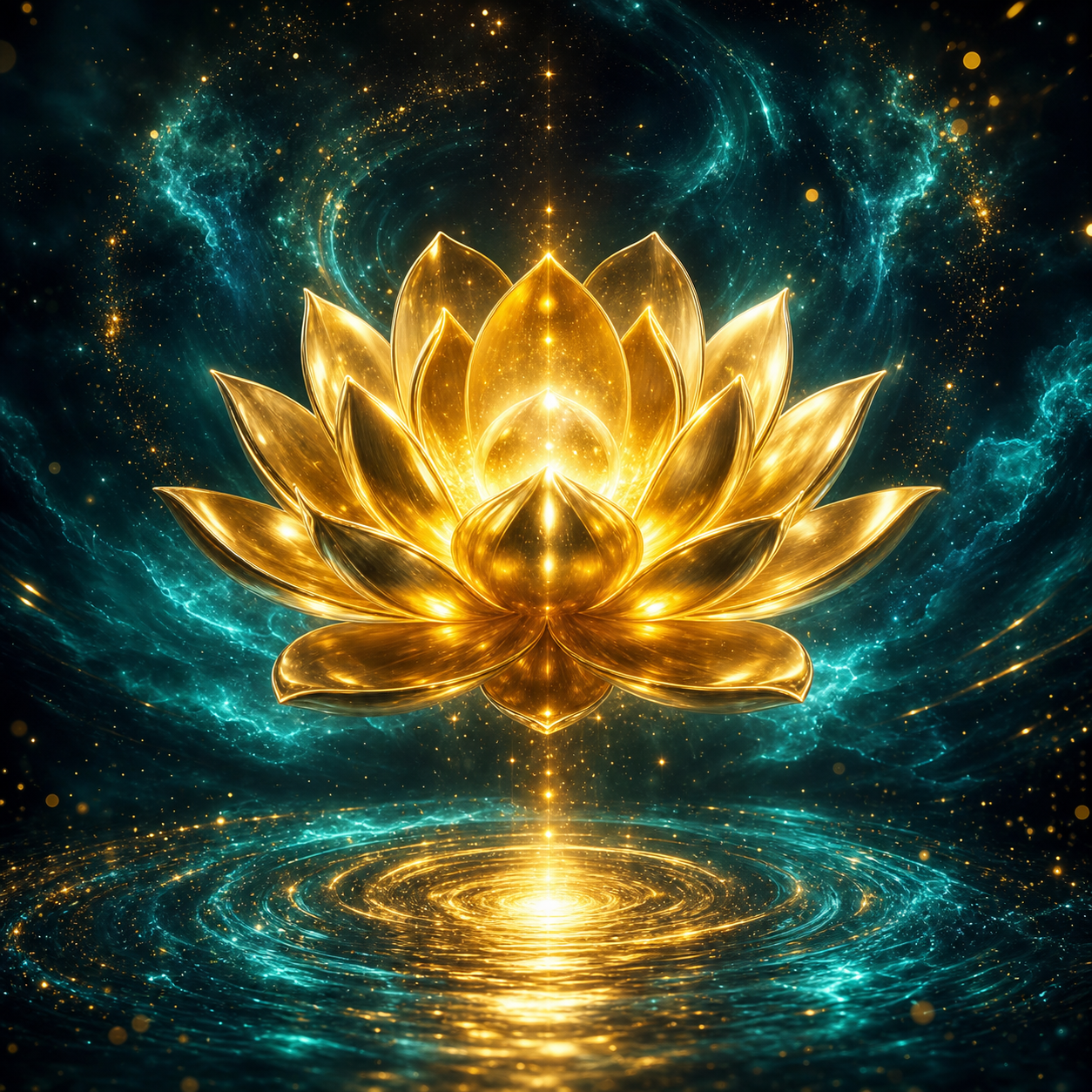 3D-Icon einer schwebenden, leuchtenden Lotusblüte aus goldenem Metall vor einem dunklen, kosmischen Hintergrund mit türkisen Akzenten. Elegantes und ruhiges Design.