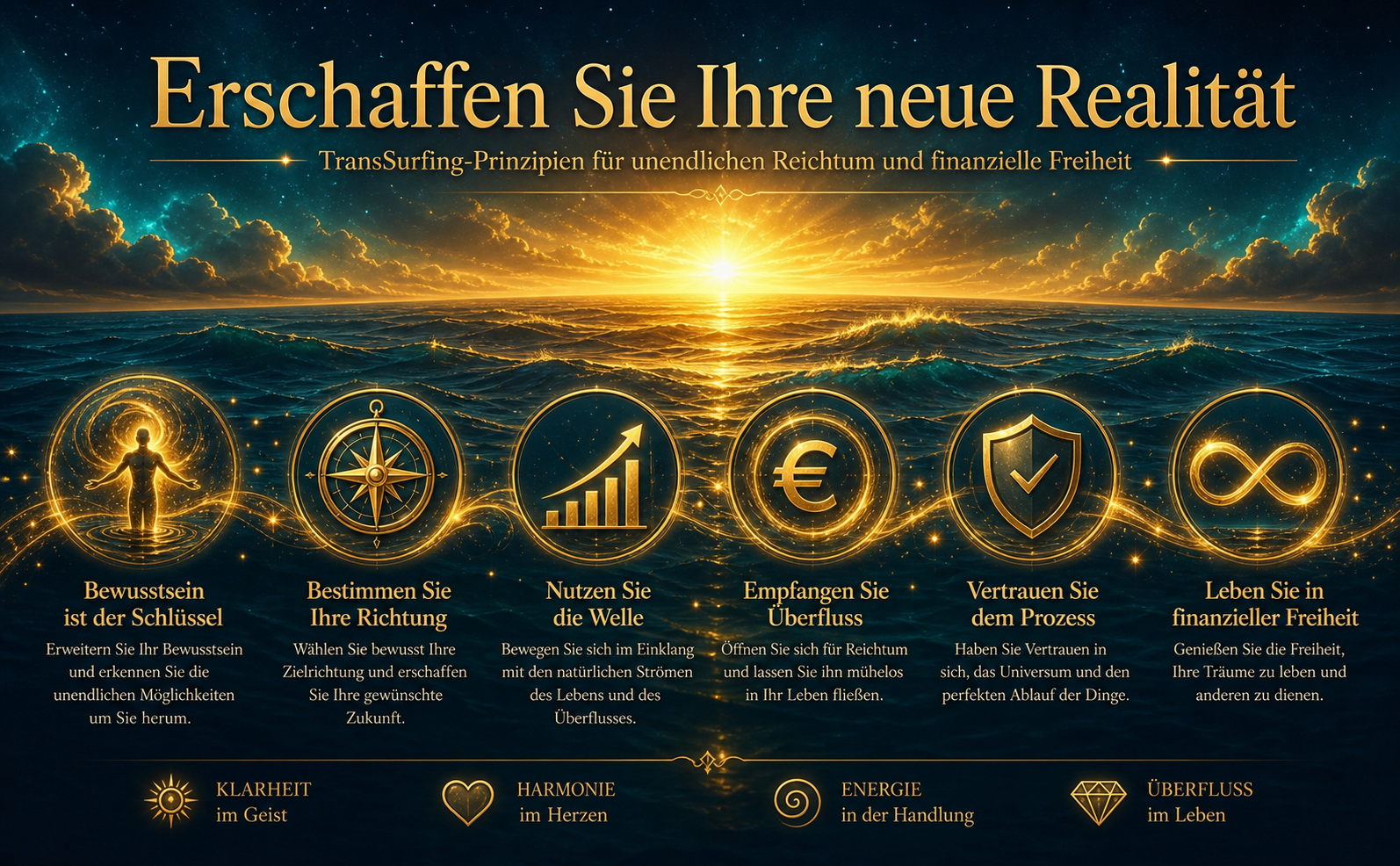 Ein majestätischer, goldener Sonnenaufgang über einem dunklen Ozean. Die Wellen reflektieren ein leuchtendes Türkis. Am Himmel steht in eleganter, goldener Serifenschrift: "Erschaffen Sie Ihre neue Realität". Metaphysische, kraftvolle Atmosphäre, die unbegrenzten Wohlstand ausstrahlt. Keine Bücher im Bild, reine visuelle Inspiration.