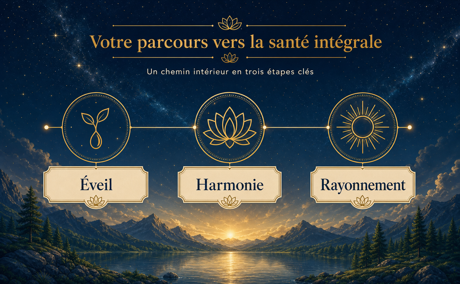 Infographie de parcours sous forme de ligne du temps. Fond de montagnes sereines sous un ciel étoilé Bleu Nuit Astral (#0B2447). Trois icônes de géométrie sacrée en trait fin Or Vieilli (#B8860B) : une graine, une fleur de lotus en éclosion, un soleil rayonnant. Étiquettes en français dans des cartouches Crème Parchemin (#E9DCC9) avec texte Bleu Encre (#001F3F) : "Éveil", "Harmonie", "Rayonnement". Bordures fines doubles, style minimaliste. AUCUN LIVRE, AUCUNE COUVERTURE.