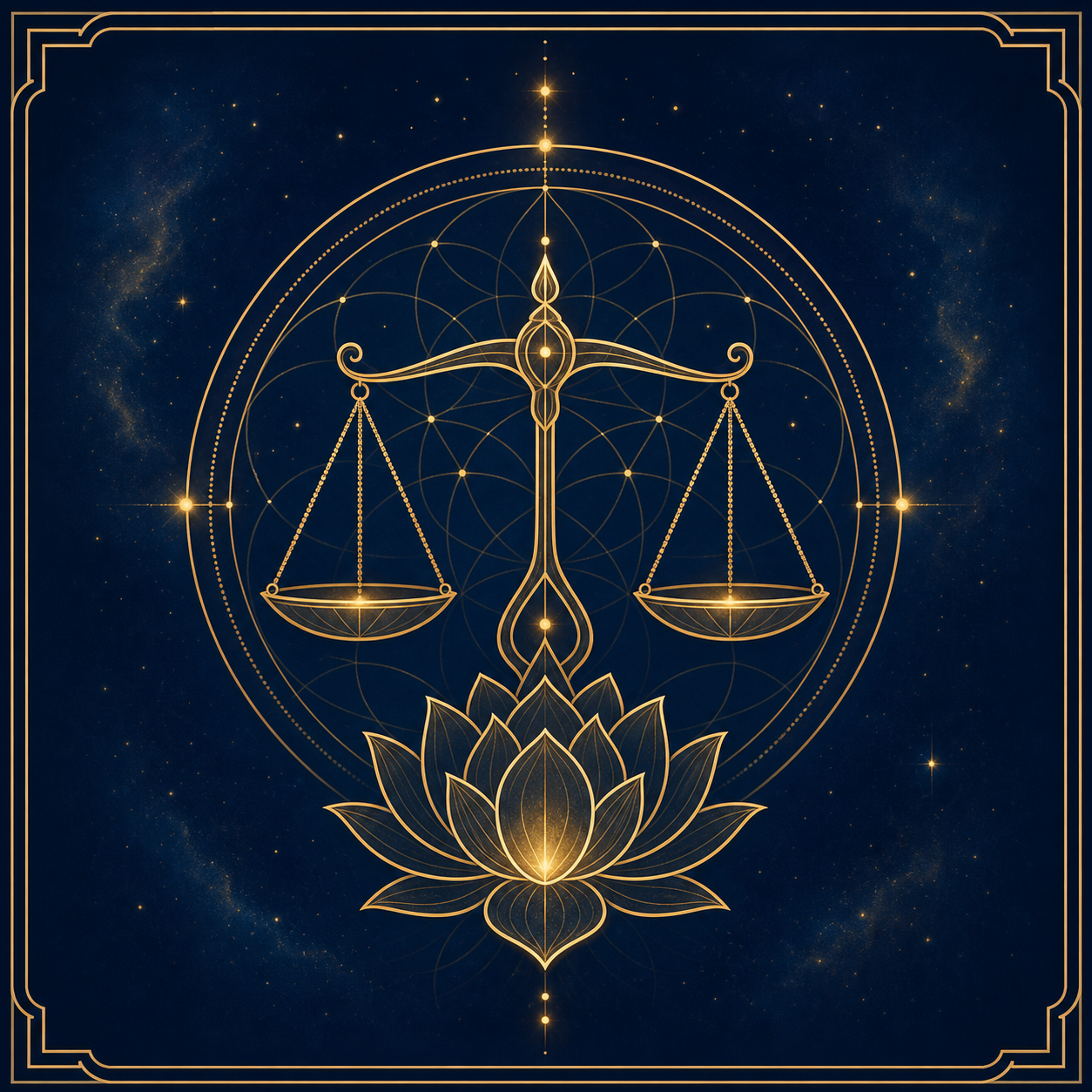 Icône minimaliste linéaire de style Sacred Geometry représentant une balance en parfait équilibre avec une fleur de lotus. Lignes fines Or Vieilli (#B8860B) sur un fond Bleu Nuit Astral (#0B2447). Bordure fine double. AUCUN LIVRE.