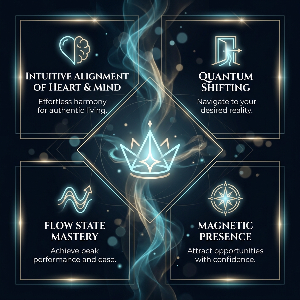 Apply Visual Style: Deep midnight navy and champagne gold color grade. Ethereal blue energy wisps. Sacred geometry. A minimalist gold vector icon of a radiant crown or glowing central star, emitting soft cyan light.