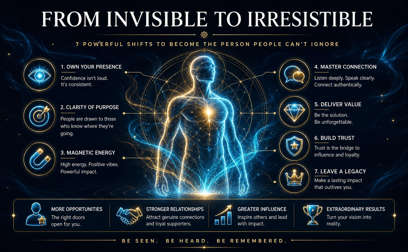 A cinematic, dark navy (#0A0F1B) background with ethereal smoke wisps. In the center, a glowing 3D glass silhouette of a person radiating electric cyan (#46C7F2) and metallic gold (#C5A36A) energy trails, symbolizing magnetic presence. Thin gold sacred geometry lines frame the subject. Elegant all-caps Serif headline in pure white (#FFFFFF) reads: "FROM INVISIBLE TO IRRESISTIBLE". Sophisticated, mystical, and authoritative atmosphere with high-contrast lighting.