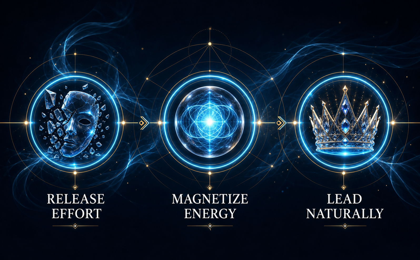 A sleek, dark cinematic gradient (#0A0F1B) roadmap infographic with glowing electric cyan (#46C7F2) nodes connected by thin metallic gold (#C5A36A) sacred geometry lines. Three 3D glass icons sit on the path: a shattered mask (Release), a glowing core (Magnetize), and a radiant crown (Lead). Elegant Serif text labels in pure white (#FFFFFF) read: "RELEASE EFFORT", "MAGNETIZE ENERGY", "LEAD NATURALLY". Background features subtle smoke wisps and floating light particles. Sophisticated, authoritative style.