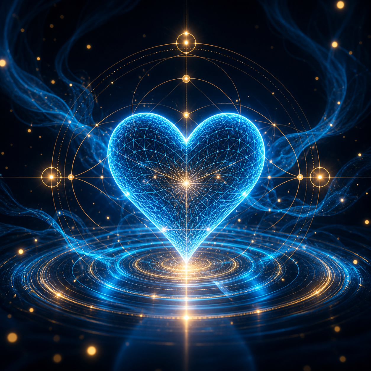 A glowing 3D wireframe heart radiating electric cyan (#46C7F2) ripples against a deep navy (#0A0F1B) background with metallic gold (#C5A36A) light particles.